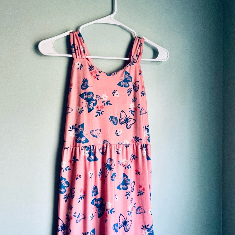 Coral Maxi Dress with Blue Butterfly Print Size 10